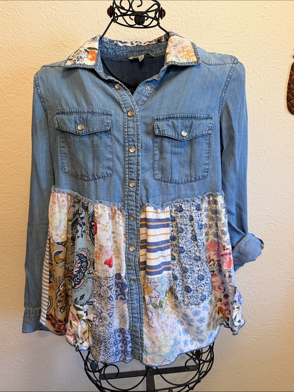 🐝🐝🐝BOGOHO🐝🐝🐝John Mark Blue Denim Patchwork Button-Down Top-S